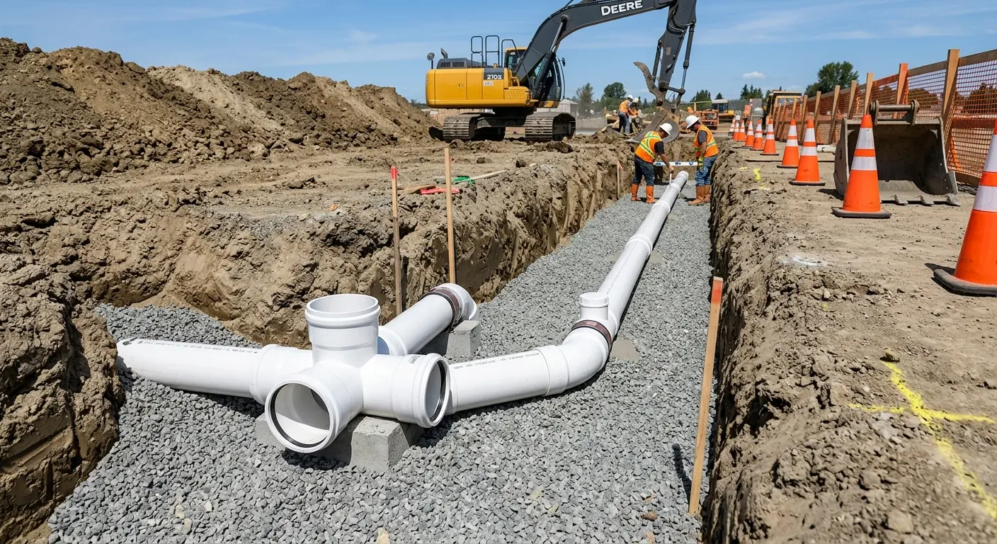 New PVC sewer pipe installation in open trench for Sewer Backup in Ogden
