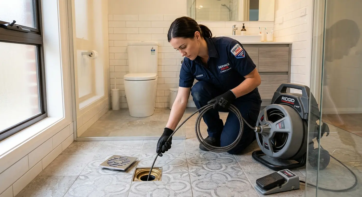 Technician clearing a bathroom floor drain for Drain Repair in Ogden